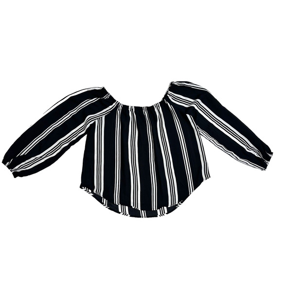 Bleuh Ciel Women's Off the Shoulder Peasant Top Blouse Black White Stripe Size L - Picture 1 of 12